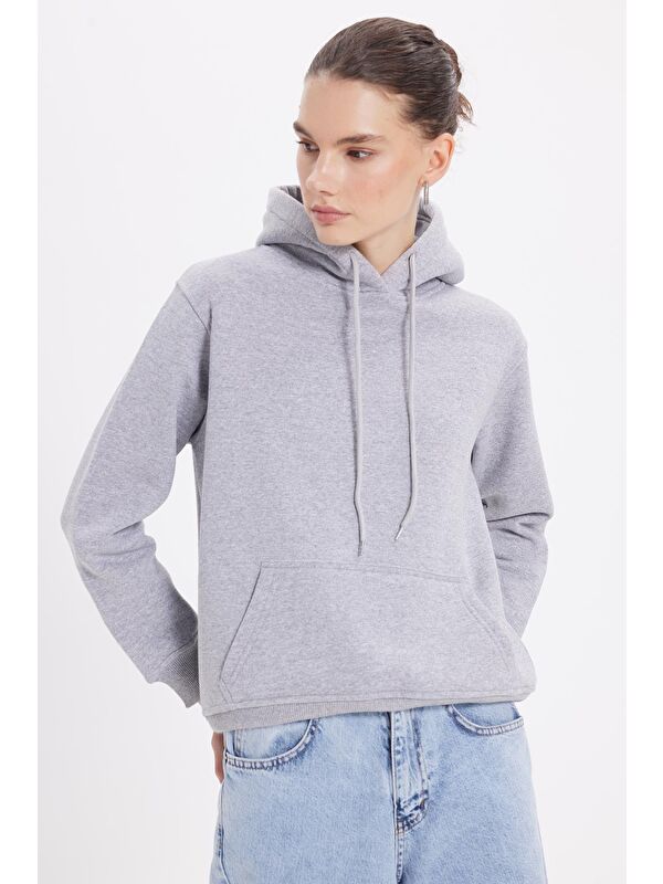 TUDORS Kadın Relax Fit Rahat Kesim Pamuklu Kapüşonlu Kanguru Cepli Gri Sweatshirt