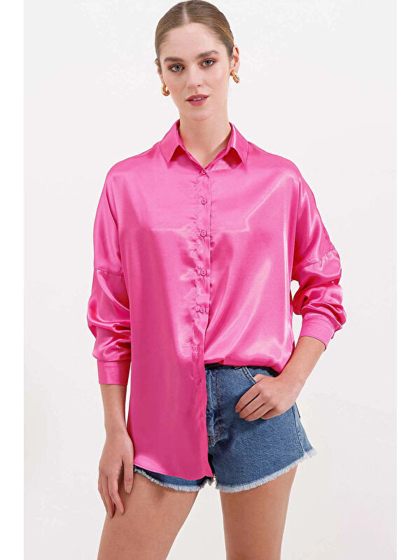 Hazelin Kadın Fuşya Oversize Dökümlü Saten Yüzeyli Gömlek HZL23S-BD139851