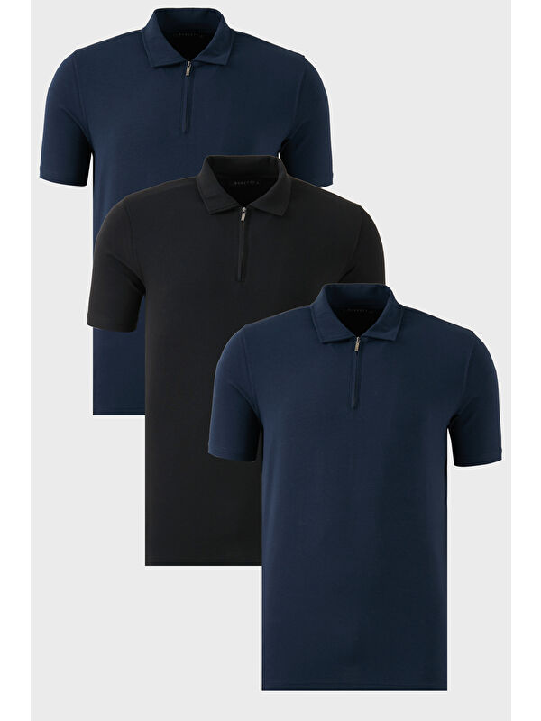 Buratti Streç Pamuklu Regular Fit Yarım Fermuarlı 3'lü Paket Polo Yaka Tişört 5902972S3