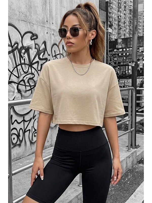Oksit Cezyy Bisiklet Yaka Basic Oversize Crop Tişört - Pamuklu Rahat Kesim