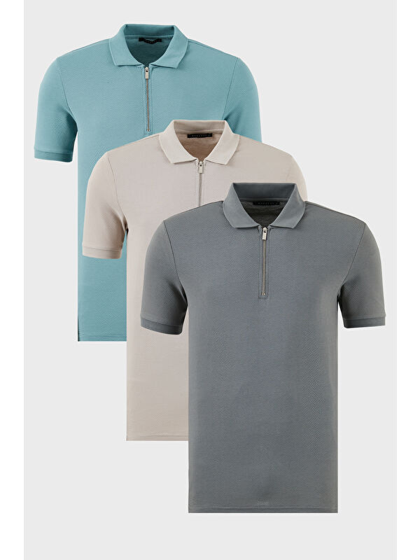 Buratti Pamuklu Regular Fit Yarım Fermuarlı 3'lü Paket Polo Yaka %100 Pamuk Tişört 5902915S3