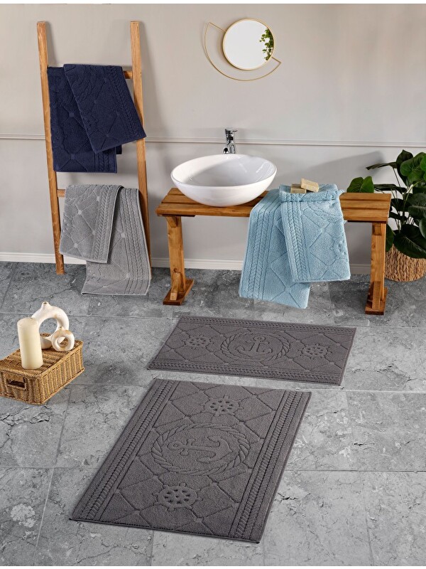 Mulberry Pasifik Kabartma Çiçek Desenli 2’li Banyo Paspas Seti Yumuşak Dokulu Modern Banyo Halısı
