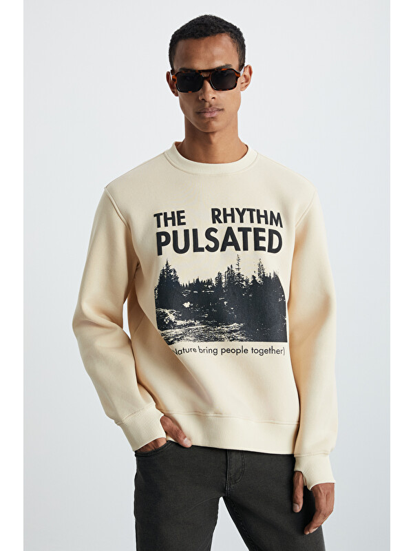 GRIMELANGE YANKE Erkek içi Polarlı Önü Baskılı Yuvarlak Yaka Parmak Geçme Detaylı BEJ Sweatshirt