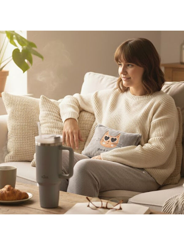Any Morning Vaha 1200 Ml Çelik Termos, Gri & Biggdesign Cats Elektrikli Sıcak Su Torbası Seti