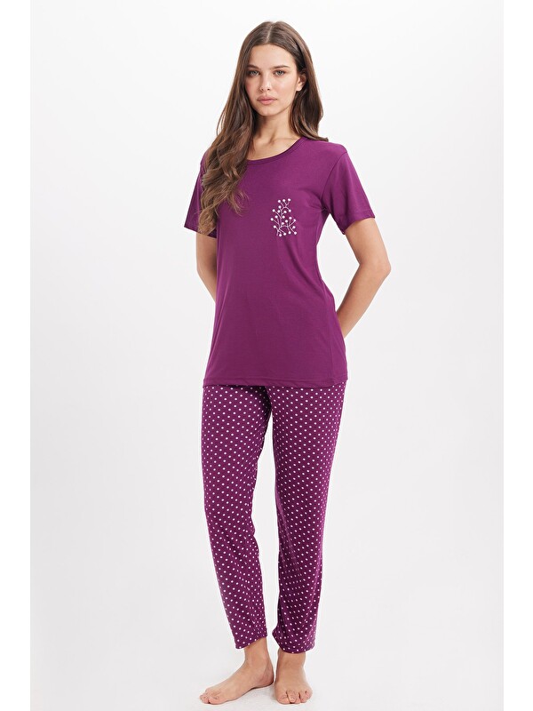 TUDORS Kadın Standart Fit Normal Kesim Bisiklet Yaka Kısa Kollu Baskılı Mor Pijama Takımı