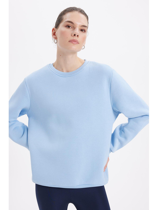 TUDORS Kadın Oversize Geniş Kesim Pamuklu 3 İplik İçi Polarlı Basic Mavi Bisiklet Yaka Sweatshirt