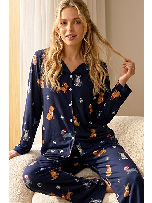 Siyah İnci Lacivert Desenli Termal Kumaşlı Ultra Soft Yumuşak Düğmeli Örme Pijama Takımı
