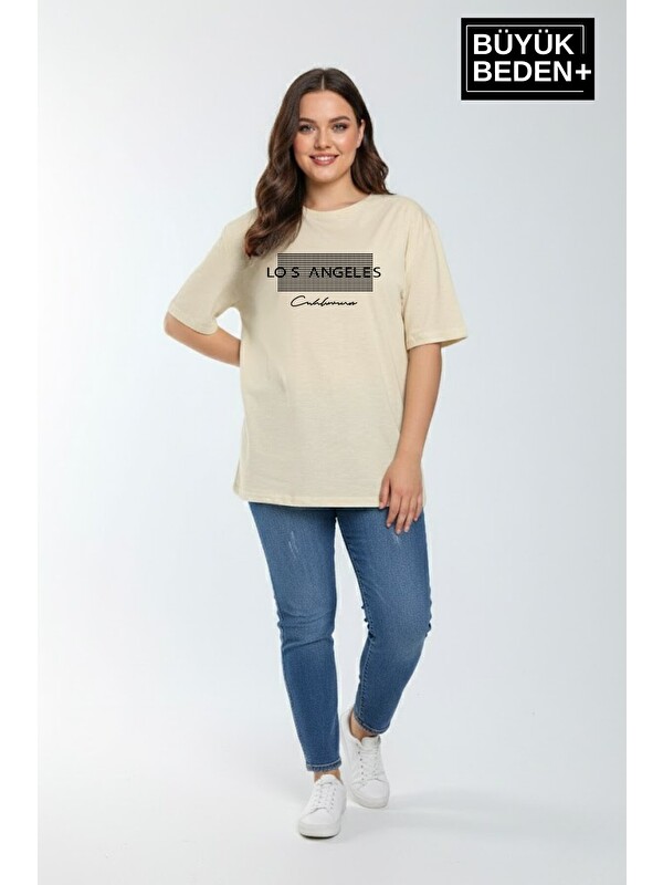 Süperlife Kadın Büyük Beden Los Angeles Baskılı 3xl-6xl Bisiklet Yaka Tshırt SPR26BTSK510-18