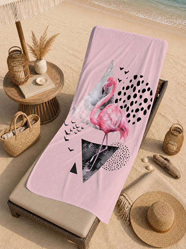Milbay Grup Modern Pembe Flamingo Geometrik Yazlık Desenli 70x150 Plaj Havlusu - Pamuklu Banyo Havlusu