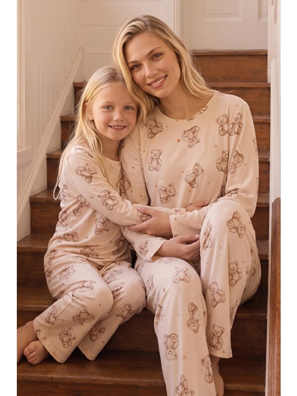 Siyah İnci Krem Desenli Termal Kumaşlı Ultra Soft Yumuşak Örme Pijama Takımı