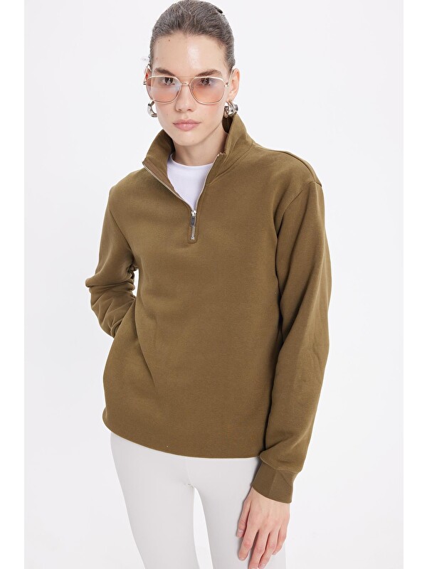 TUDORS Kadın Relax Fit Rahat Kesim Pamuklu İçi Polarlı Yarım Fermuarlı Yeşil Dik Yaka Sweatshirt