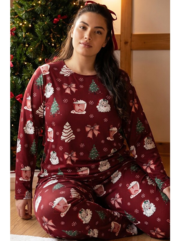 Siyah İnci Bordo Yılbaşı Temalı Desenli Termal Kumaşlı Ultra Soft Yumuşak Büyük Beden Battal Boy Örme Pijama Ta