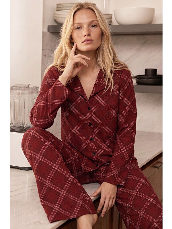 Siyah İnci Bordo Ekose Desenli Termal Kumaşlı Ultra Soft Yumuşak Düğmeli Örme Pijama Takımı