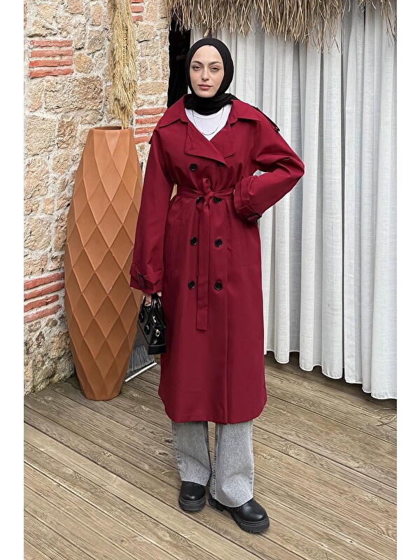 Lamelif Reglan Kol Düğmeli Trenç Bordo