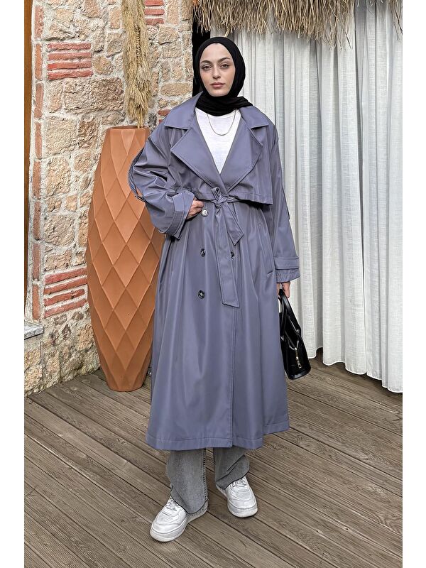 Lamelif Uzun Apoletli Oversize Trenç Antrasit