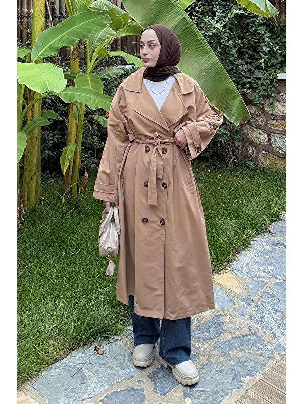 Lamelif Uzun Apoletli Oversize Trenç Camel
