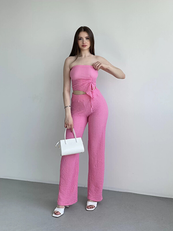 Hazelin Kadın Pembe Beli Lastilkli Gofre Kumaş Pantolon HZL24S-ZK13261