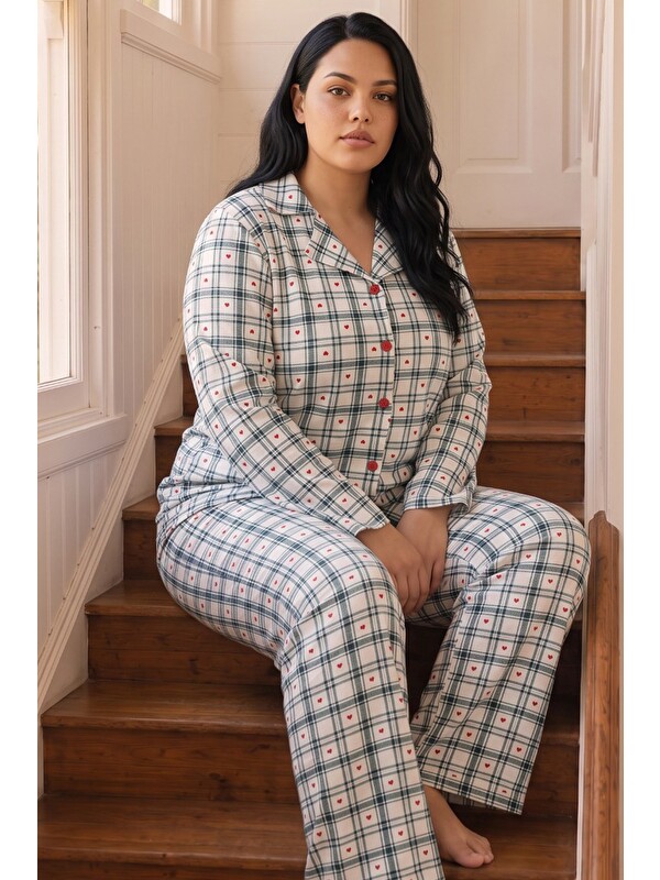 Siyah İnci Ekose Desenli Termal Kumaşlı Ultra Soft Yumuşak Büyük Beden Battal Boy Düğmeli Örme Pijama Takımı