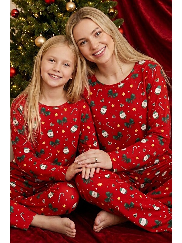 Siyah İnci Kırmızı Yılbaşı Temalı Desenli Termal Kumaşlı Ultra Soft Yumuşak Örme Pijama Takımı