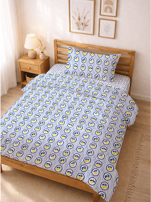 Milbay Grup Tek Kişilik Pamuklu Mavi Beyaz Çizgili Limon Desenli Nevresim Takımı 160x220 cm (Çarşafsız
