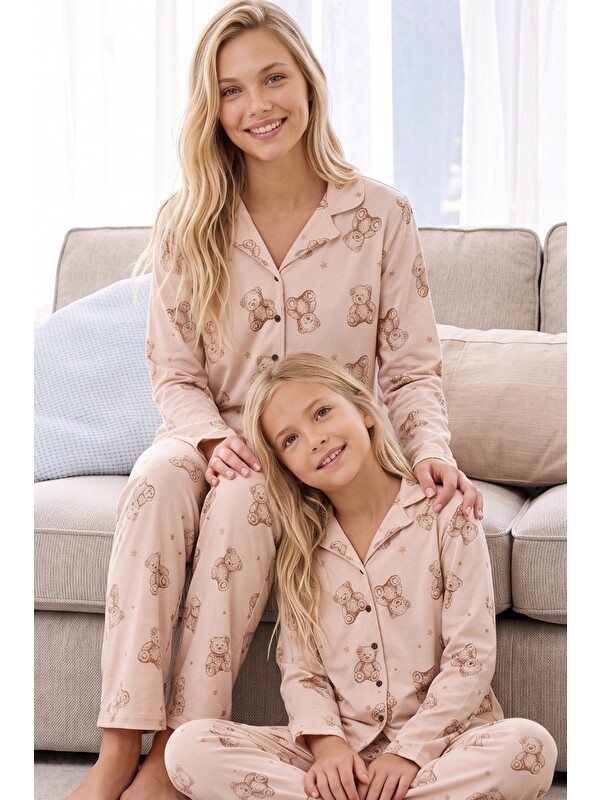Siyah İnci Krem Desenli Termal Kumaşlı Ultra Soft Yumuşak Düğmeli Örme Pijama Takımı