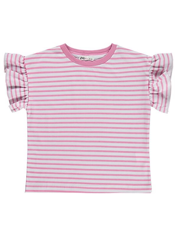 Civil Girls Çizgili Volan Kol 6-9 Yaş Tişört - Pembe