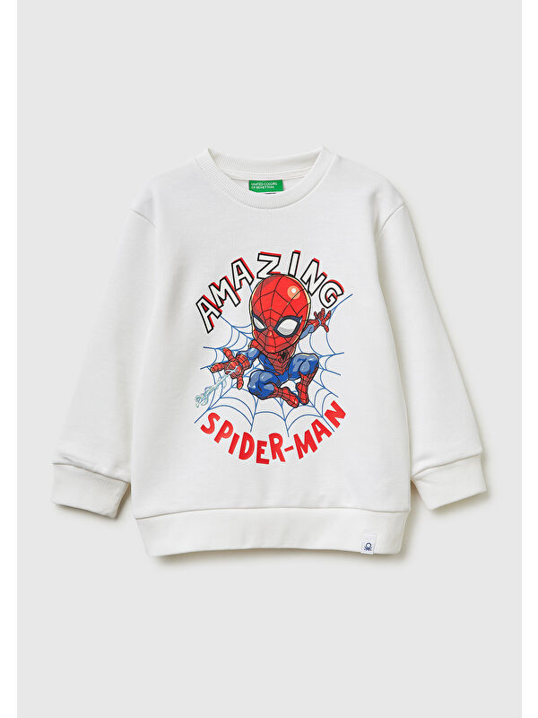 United Colors Of Benetton Erkek Çocuk Beyaz Spiderman Baskılı Bisiklet Yaka Sweatshirt