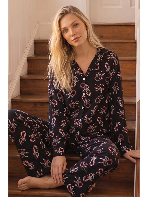 Siyah İnci Siyah Desenli Termal Kumaşlı Ultra Soft Yumuşak Düğmeli Örme Pijama Takımı