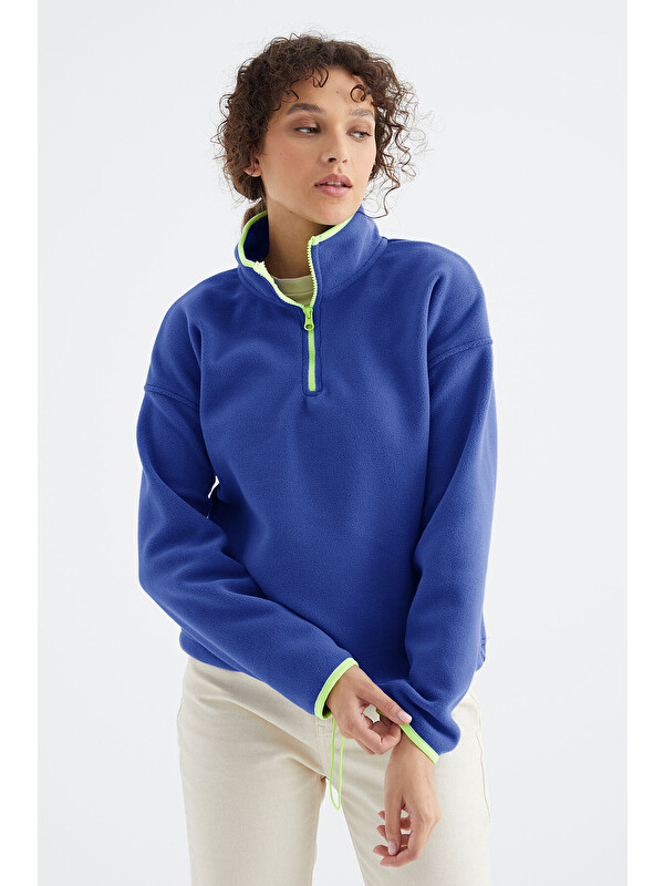 Tommylife Saks Yarım Fermuar Etek Ucu Büzgülü Dik Yaka Standart Kalıp Kadın Polar Sweatshirt - 97234