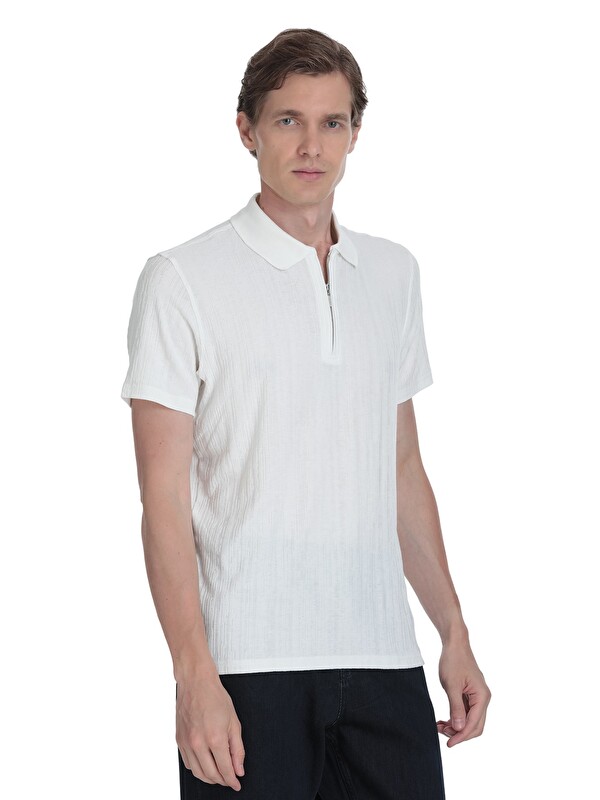Hatemoğlu Beyaz Regular Fit Fermuarlı Polo Yaka Tişört