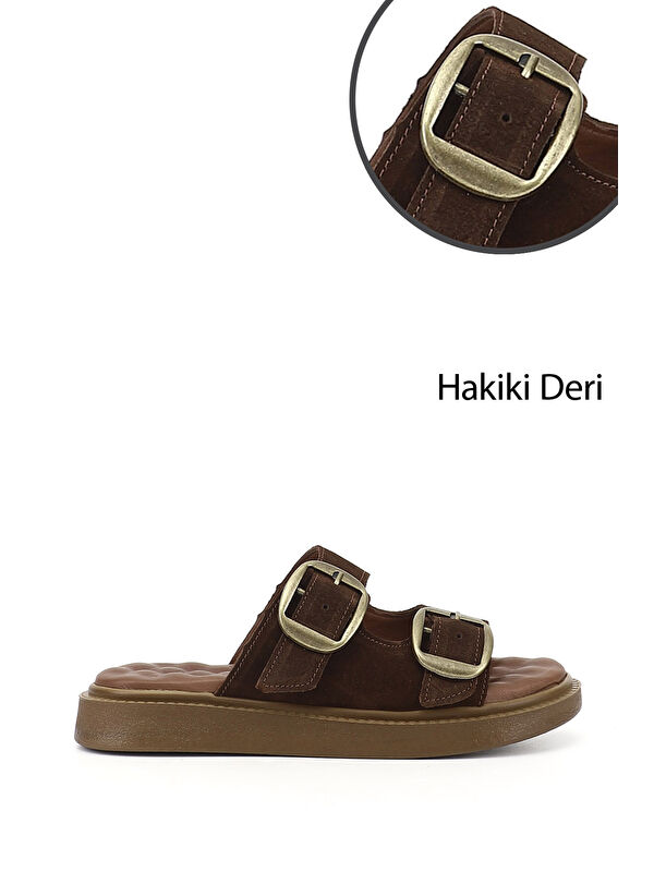 GÖNDERİ(R) Kadın AÇIK KAHVERENGİ Tokalı Dolgu Taban Hakiki Deri Comfort Terlik