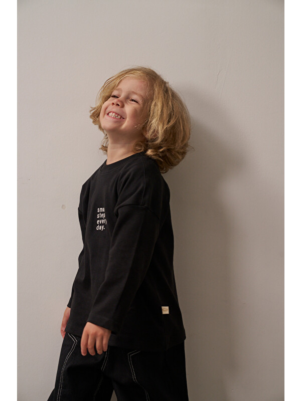 Oh La La Koala For Little Ones Siyah Nakışlı Oversize Uzun Kollu T-shirt