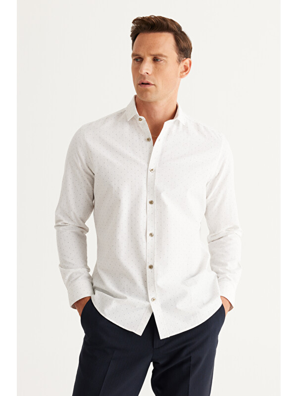 AC&Co / Altınyıldız Classics Erkek Beyaz-Haki Slim Fit Dar Kesim İtalyan Yaka Baskılı Gömlek