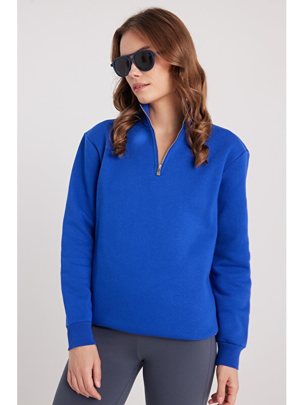 TUDORS Kadın Relax Fit Rahat Kesim Pamuklu İçi Polarlı Yarım Fermuarlı Sax Mavi Dik Yaka Sweatshirt
