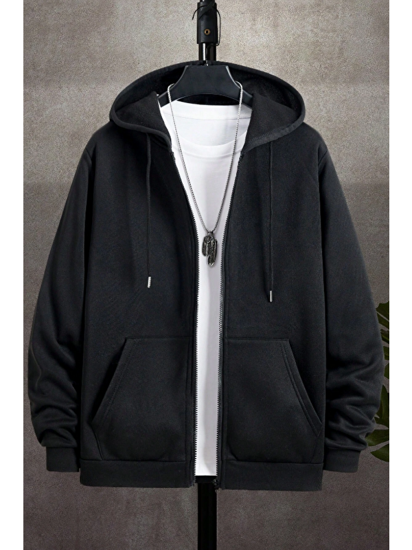 Tarz Cool Unisex Relax Fit Rahat Kesim Pamuklu İçi Polarlı Çift Cepli Fermuarlı Siyah Kapüşonlu Sweatshirt