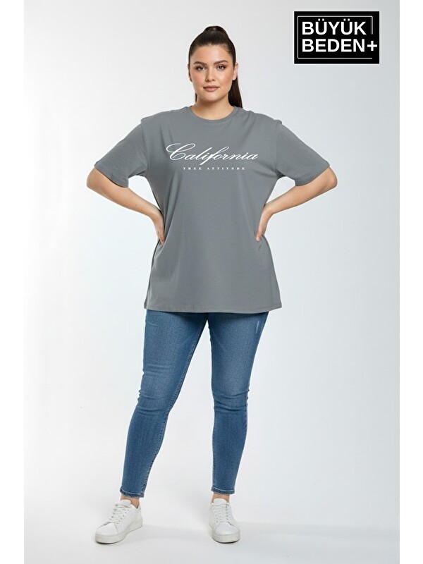 Süperlife Kadın Büyük Beden El Yazılı California Baskılı 3xl-6xl Bisiklet Yaka Tshırt SPR25BTSK510-7