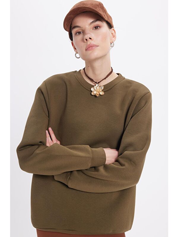 TUDORS Kadın Oversize Geniş Kesim Pamuklu 3 İplik İçi Polarlı Basic Yeşil Bisiklet Yaka Sweatshirt