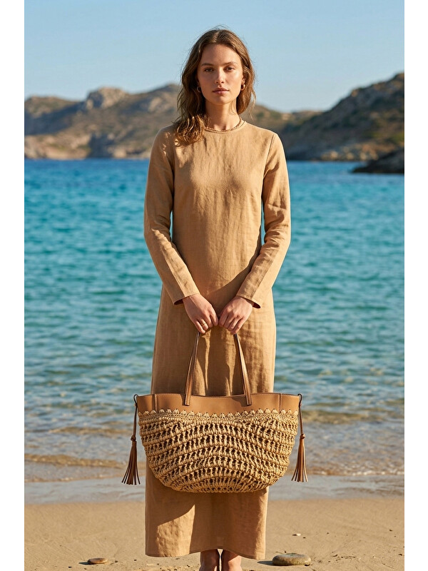 Marina Deri Detaylı Hasır Çanta - Krem CNT2604-2