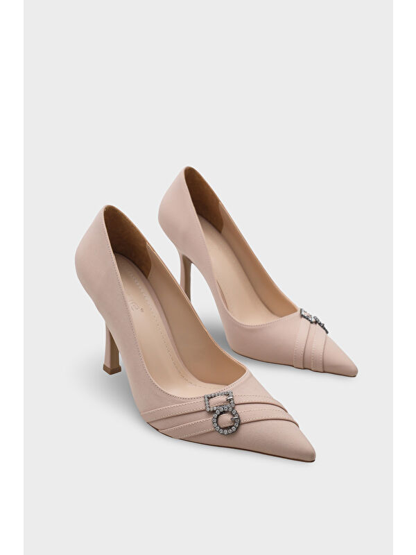 Capone Outfitters Bej Capone Outfitters Karyl Yüksek Topuklu Taşlı Tokalı Saten Stiletto