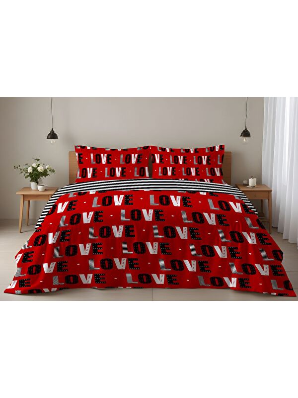 Evmila Love Yazılı Çift Kişilik Pamuklu Nevresim Takımı 200x220 cm Çift Taraf Baskılı