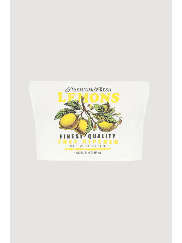 QUZU Limon Baskılı Straplez Bluz Ekru