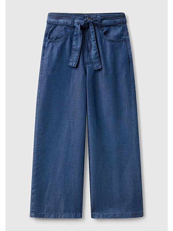 United Colors Of Benetton Kız Çocuk Koyu Denim %100 Liyosel Beli Kuşaklı Wide Fit Denim Pantolon