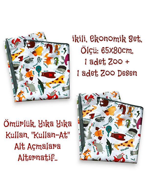 Yorni Ekonomik Set, 2 adet Zoo Desen, Ebat: 65x80cm, Sıvı Geçirmez Alt Açma Örtüsü, Bebek Bakım Örtüsü