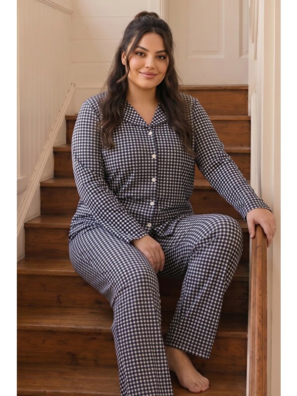 Siyah İnci Lacivert Ekose Desenli Termal Kumaşlı Ultra Soft Yumuşak Büyük Beden Battal Boy Düğmeli Örme Pijama