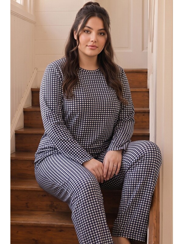 Siyah İnci Lacivert Ekose Desenli Termal Kumaşlı Ultra Soft Yumuşak Büyük Beden Battal Boy Örme Pijama Takımı