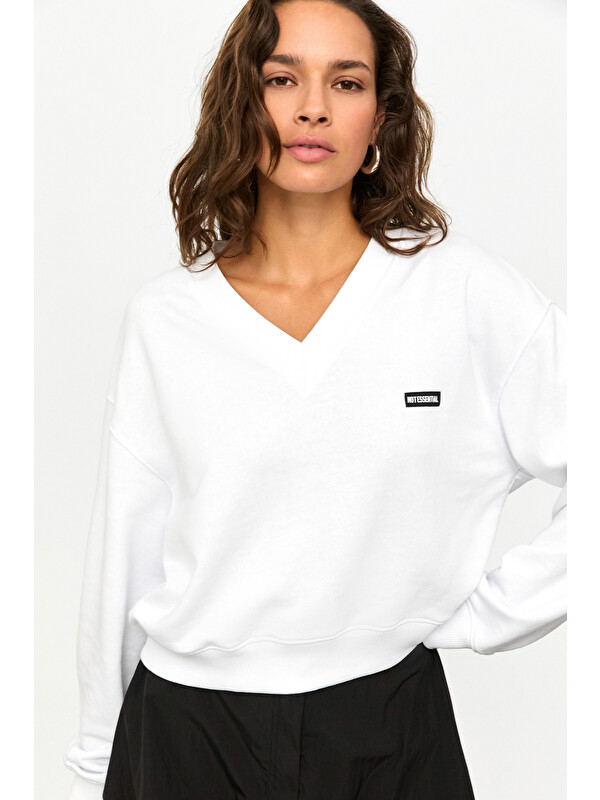 GRIMELANGE VALENNE Kadın  V Yaka Etiket Detaylı  Regular BEYAZ Sweatshirt