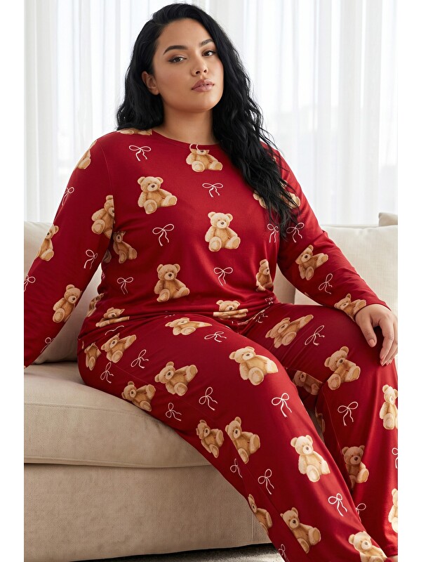 Siyah İnci Kırmızı Desenli Termal Kumaşlı Ultra Soft Yumuşak Büyük Beden Battal Boy Örme Pijama Takımı