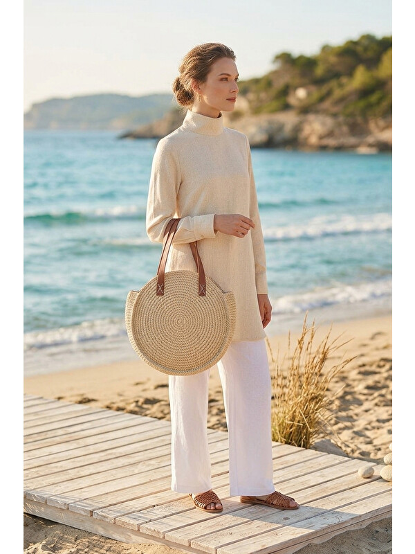 Marina Dairesel Hasır Çanta - Bej CNT2602-1
