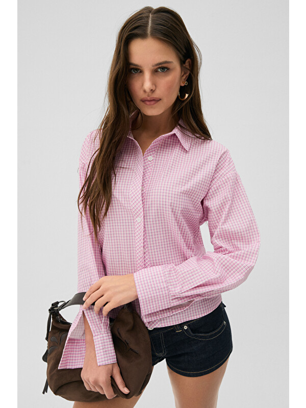 GRIMELANGE MEDEA Kadın Slim Fit %100 Organik Pamuklu Kahverengi Çizgili Slim Fit PEMBE Gömlek