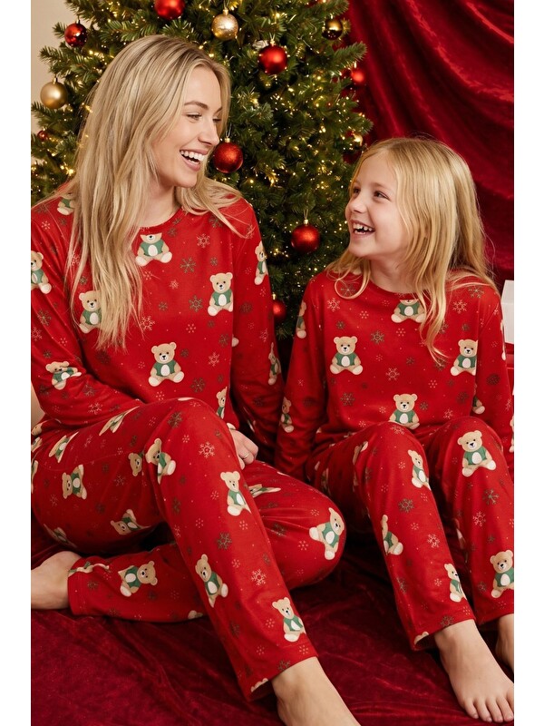 Siyah İnci Kırmızı Yılbaşı Temalı Desenli Termal Kumaşlı Ultra Soft Yumuşak Örme Pijama Takımı